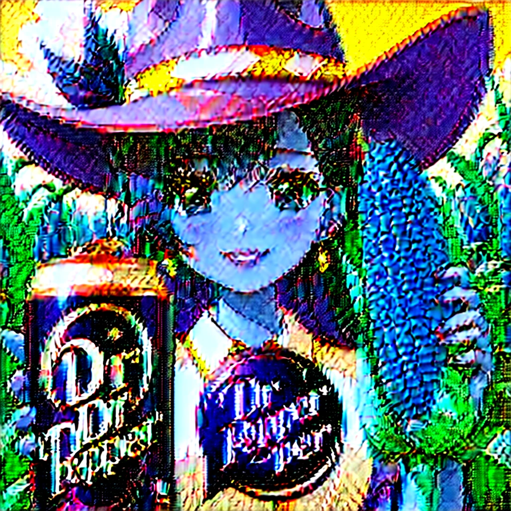 An ear of corn with a face, wearing a pink cowboy hat and holding a can of Dr Pepper 