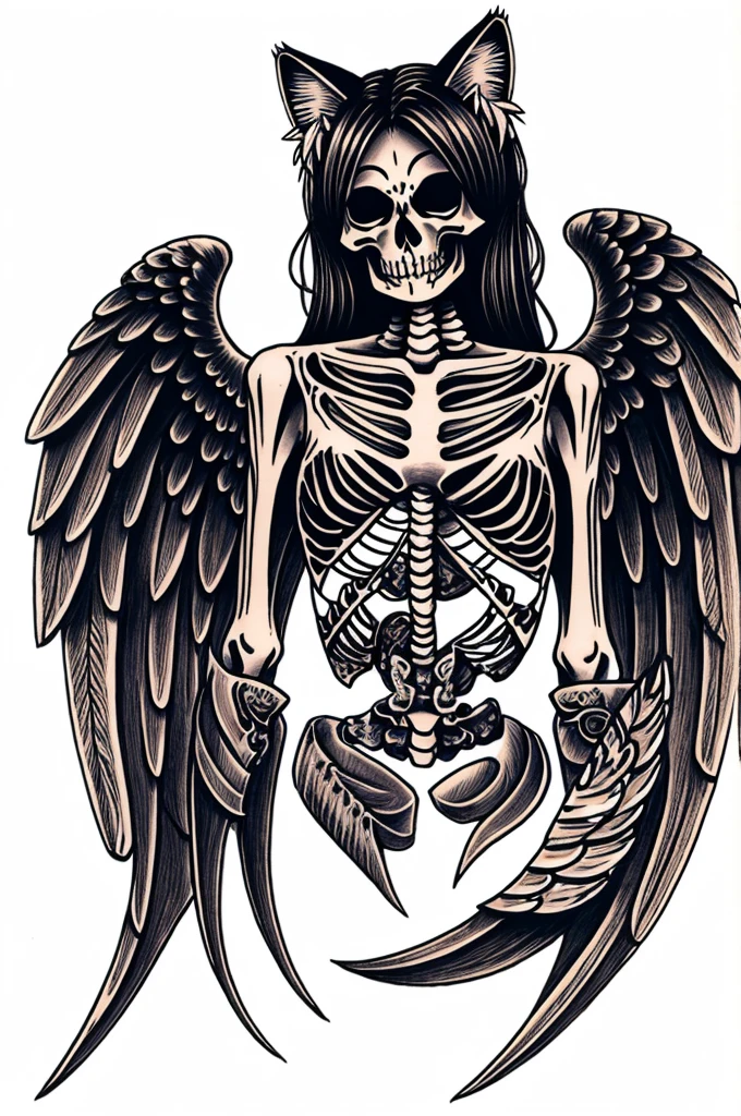Design of a skeleton cat with angel wings and background suminagashi Tatto design