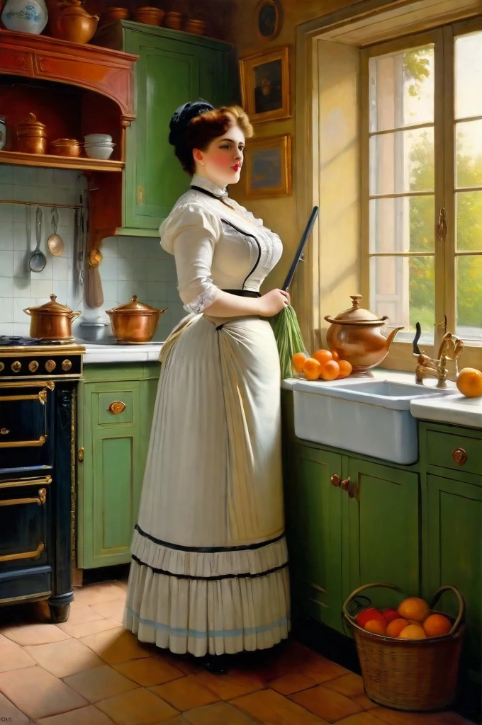 Full body shot of a curvaceous, voluptuous, buxom Victorian widow standing in her kitchen, by Jean Béraud, inspired by Jean Béraud, inspired by Édouard Detaille, edouard leon cortes, inspired by Ivan Kramskoi, inspired by Jean-Louis-Ernest Meissonier, by Édouard Detaille, inspired by Paul Émile Chabas
