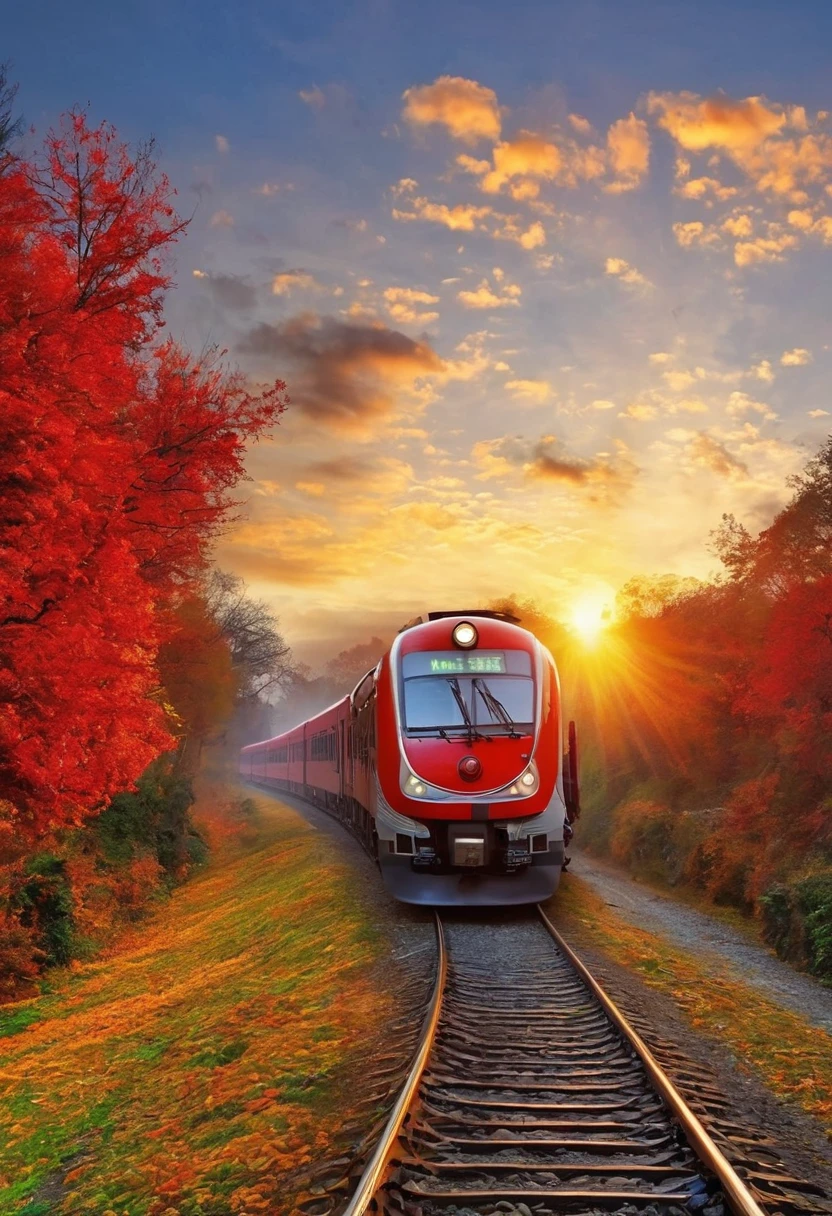 autumn,Beautiful scenery,(((sunrise))),Red train