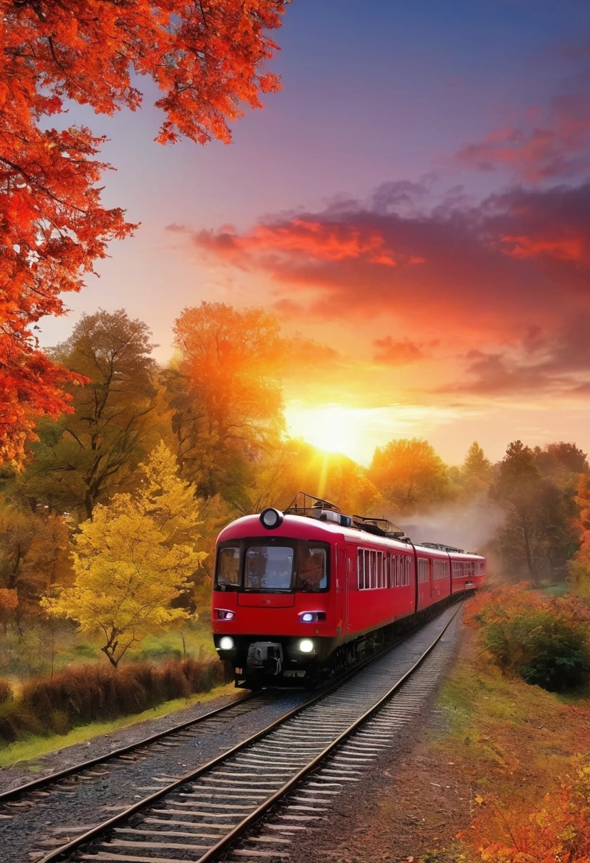 autumn，Beautiful scenery，(((sunrise)))，Red train