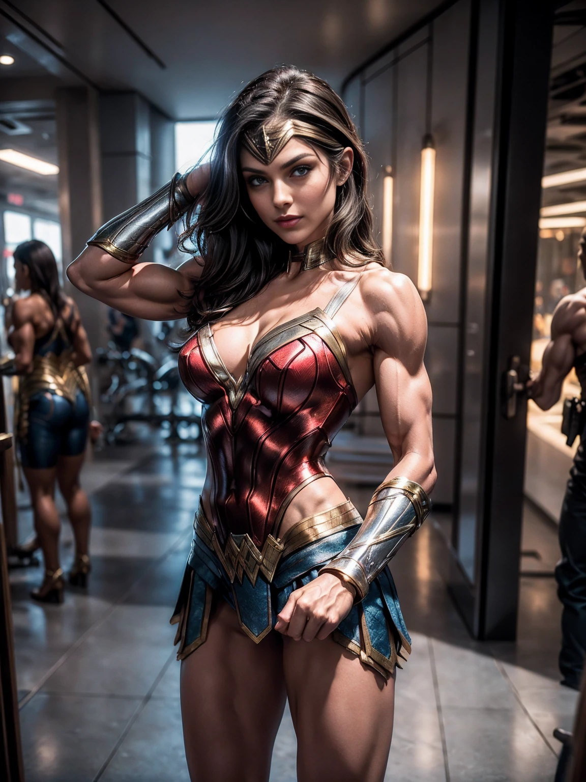 Cute, gorgeous, Caucasian girl, fit, (muscular:1.2), 19, , (flexing biceps:1.5), abs, slender, slim, long flowing brown hair, blue eyes, glamorous, seductive, stunning, flawless, perfect, beautiful, cute, pretty, makeup, flirtatious smile, full body, (dressed as Wonder Woman), masterpiece, 8k, highly detailed, sexy, SLR lighting, SLR camera, ultra-quality, sharpness, depth of field, film grain (center), Fujifilm XT3, crystal clear, frame center, beautiful face, sharp focus, detailed skin pores, (tiny waist:1.3), colorful, hyper-detail, dramatic light, intricate detail, photograph by arny freytag, standing, side view, perfect hands, (arms raised), (flexing bicep pose), sexy, small boned, (dainty:1.5), nsfw, lithe, busty, cleavage, (realistic, hyperrealistic:1.4), intricate, high detail