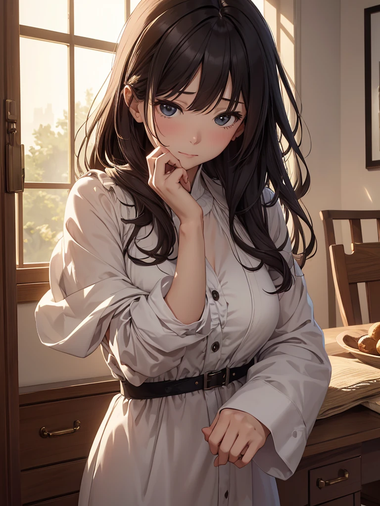 (masterpiece、top-quality、hight resolution、Unity 8k Wallpaper、extremely details CG:1), A gentle and composed housewife with a serene expression is saying "Oh dear, oh my" as she catches someone in the act of making a mistake. She is not scolding harshly but rather conveying a subtle message that now that she knows, there is no hiding it. Her demeanor suggests a calm and understanding approach, implicitly asking, "Now that I know, what is the correct thing to do?" The setting is a cozy, well-furnished room, capturing the moment of her gentle intervention. nsfw