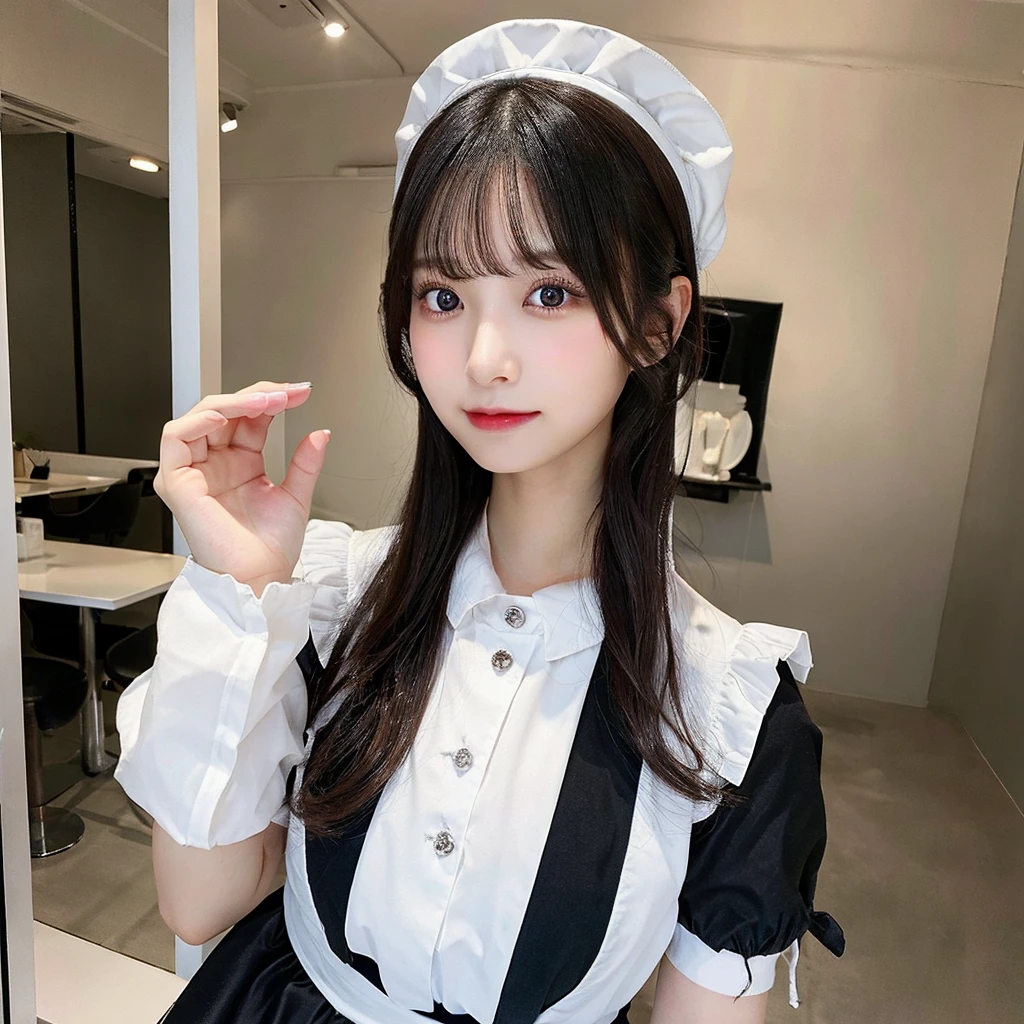 whiteroom, 1 person, Japanese woman, look at the camera, 24yo, H~I cup, model's expression, silver ratio, cute, middle black hair, maid cafe clerk, erotic, eye color brown,