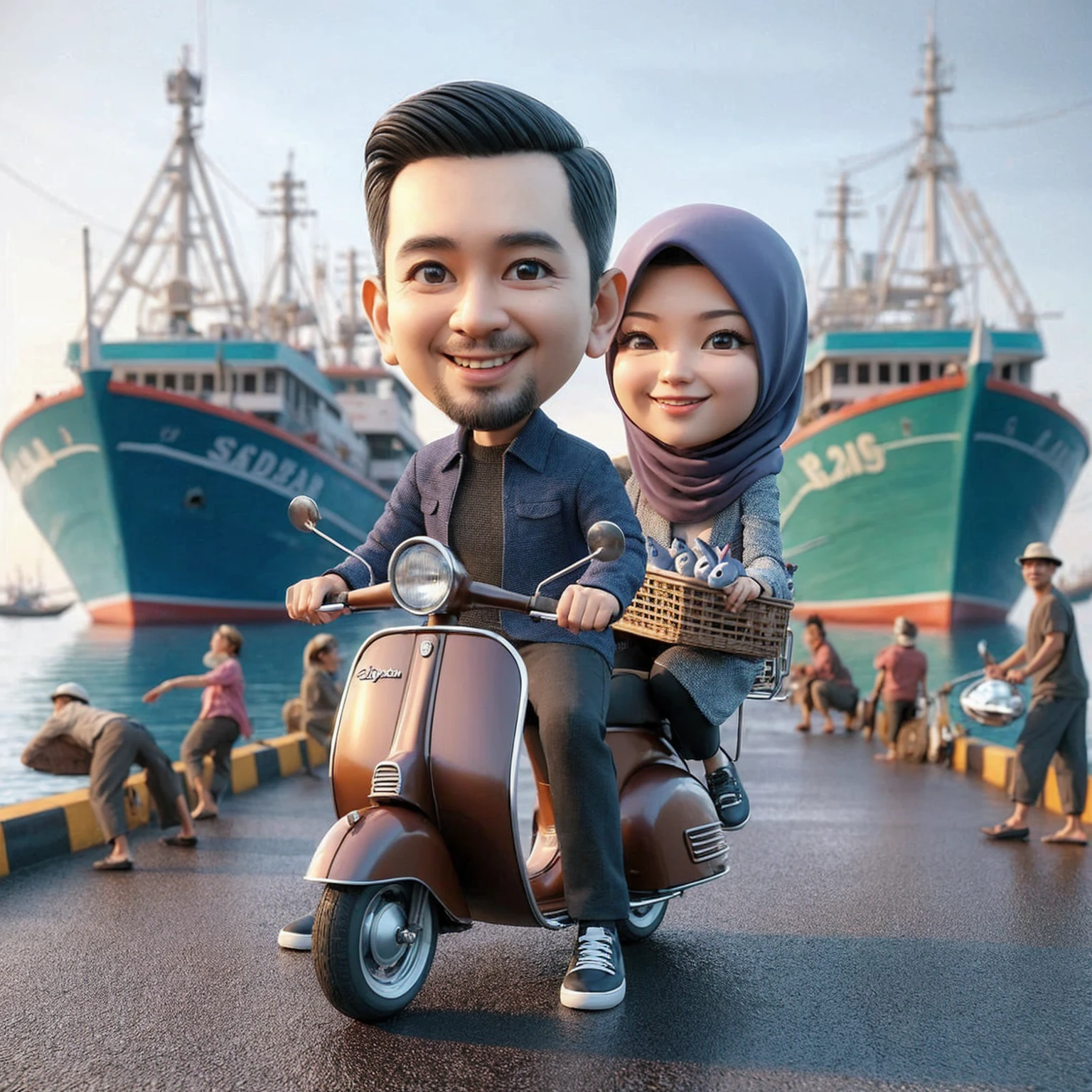 3D caricature of a 40 year old Indonesian man wearing a blue jacket, wearing black shoes, 35 year old woman wearing a pashmina hijab wearing a gray jacket, They were riding together on an Excel type Vespa, brown with small eyes and happy expressions, The background of the ship's port is visible, there are 3 fishing boats behind and fishermen bringing fish, front look, cool, 4k,
