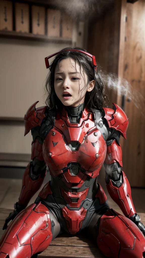 Rough skin, Very detailed, Advanced Details, high quality, 最high quality, High resolution, 1080P 、、Red Armor、Wearing red and black、cute((During a break))(破損したwoman用ロボットスーツを着用...)(Red Armor)(Broken Armor)Black Hair、、Soaking wet、Soaked Face　Place the headgear aside　Beautiful Face、Hot look　knock down、よだれing from the mouth、woman　(Steam coming out of the face) ((Steam from the body)) Sit on a chair　Filming locations　I can see the vagina　Open the crotch to the front　look up