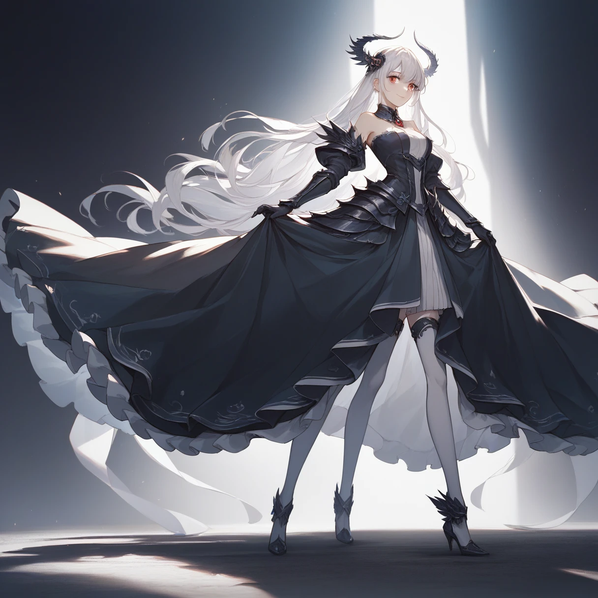 score_9, score_8_consolation, score_7_consolation,score_6_consolation, score_5_consolation, light and shadow, high resolution, 1 woman, white long hair, Red-shining eyes, (black long dress), standing on a dark road, dark sky with moonlight, 
Austyle, 