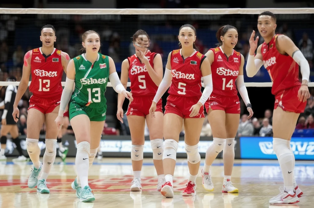 Around fifties players in red and green uniforms are standing on the court, Alexei Zaitsev, His laurels, 🤬 🤮 💕 🎀, Deni Viktor, The style of Kirill Kotashev, 🕹️ 😎 🔫 🤖 🚬, alexey egorov, Svetlana Tigai, Artem Cheboka