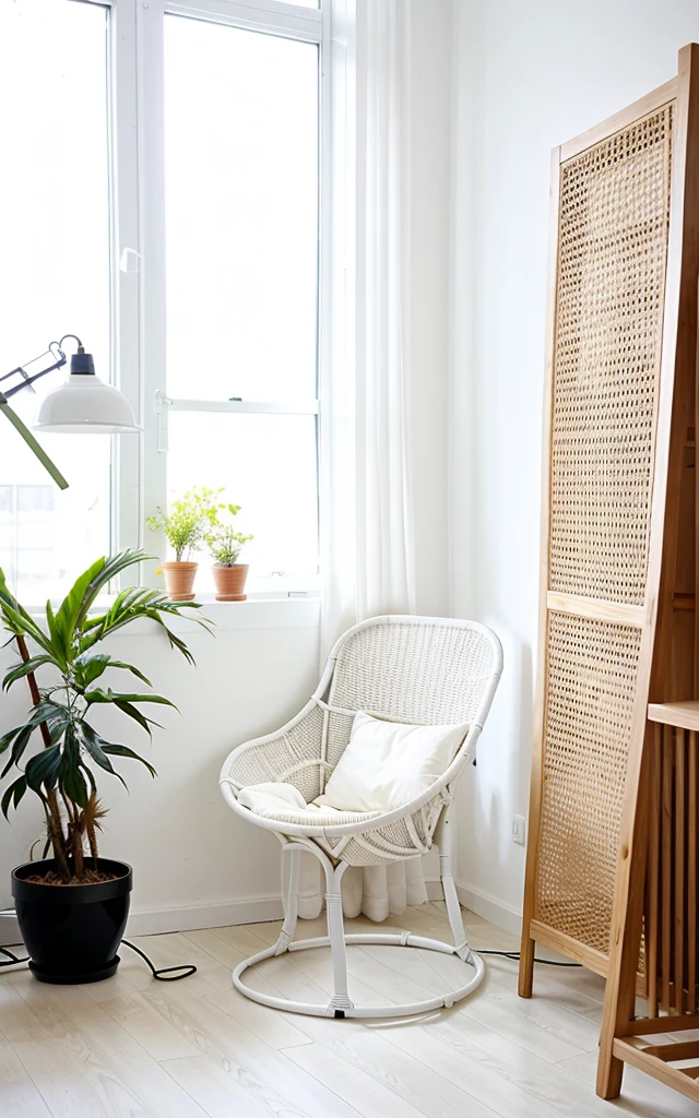 rattan chair, standing in the studio, Well lit, white room, gray chair