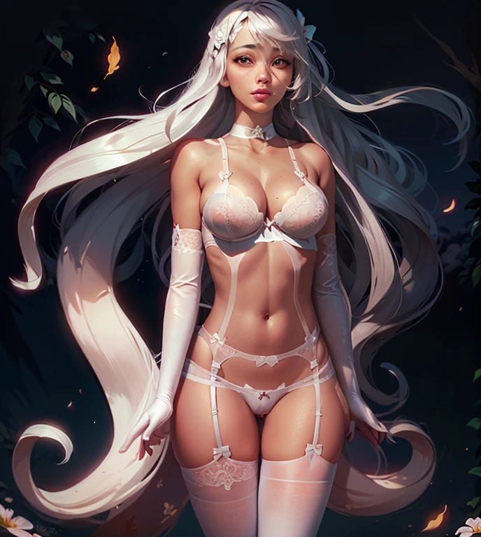 (lace, lace-trim, white elbow gloves, white bow bra, white thighhighs, bare shoulders, thighs, underwear only, bow panties, white choker, g-string, thong:1.4), cleavage, (orange eyes, long white hair, swept bangs, messy hair:1.4), (pink lips, hair flower, pink flower, makeup:1.2), 1girl, thigh gap, ((outdoors, hills, grass, leaves, blue sky, sun, flowers)), (arms by side1.2), (((white garter straps, white garter belt:1.2))), (white skin)