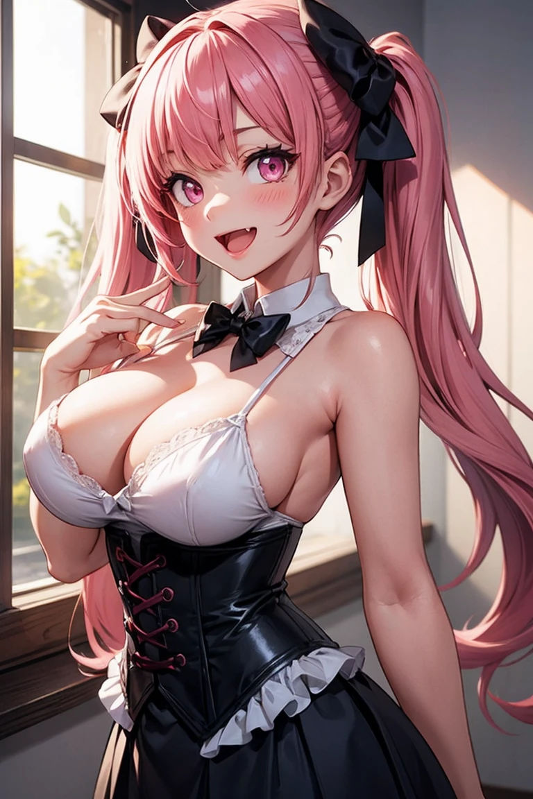 1girl,breasts,pink_hair,solo,twintails,cleavage,pink_eyes,looking_at_viewer,fang,large_breasts,long_hair,open_mouth,areola_slip,smile,bangs,blush,hair_ribbon,corset,black_bowtie,:d,sidelocks,skirt,hair_intakes,hair_bow