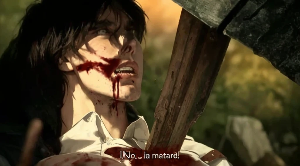 The character has dark brown or black hair, which appears disheveled, adding to the chaotic nature of the scene, His facial expression is one of extreme pain, determination, or rage, His eyes are wide open, with pupils contracted, conveying a sense of shock and anger, Blood splatters are prominent on his face and neck, indicating he has been in a violent altercation. The blood is fresh, as it is still bright red, He is wearing a white shirt that is now stained with blood, suggesting he was recently attacked or has been fighting, The character has a wooden beam or plank pressed against his throat, adding a layer of threat and urgency to the scene, The pressure from the beam suggests he is either being attacked or is struggling to fend off an assailant, His mouth is open in a grimace, and his teeth are bared, further emphasizing his intense emotional state, There is a noticeable wound on his cheek and neck, which are sources of the blood splatters, The scene is bathed in a warm, orange-yellow light, suggesting it takes place during sunset or in an area lit by fire or another warm light source, This lighting creates a stark contrast with the dark shadows on the character’s face and adds to the dramatic atmosphere, The background is somewhat blurred, with shades of green and brown, indicating an outdoor setting, possibly in a forest or a battle-ravaged area, The image conveys a strong sense of desperation, violence, and resolve, The combination of the character’s expression, the blood, and the weapon against his throat creates a palpable tension, The Spanish subtitle at the bottom of the image, "¡No... la mataré!" translates to "No... I will kill her!" This adds an additional layer of context, suggesting the character is in a dire situation involving a life-or-death decision