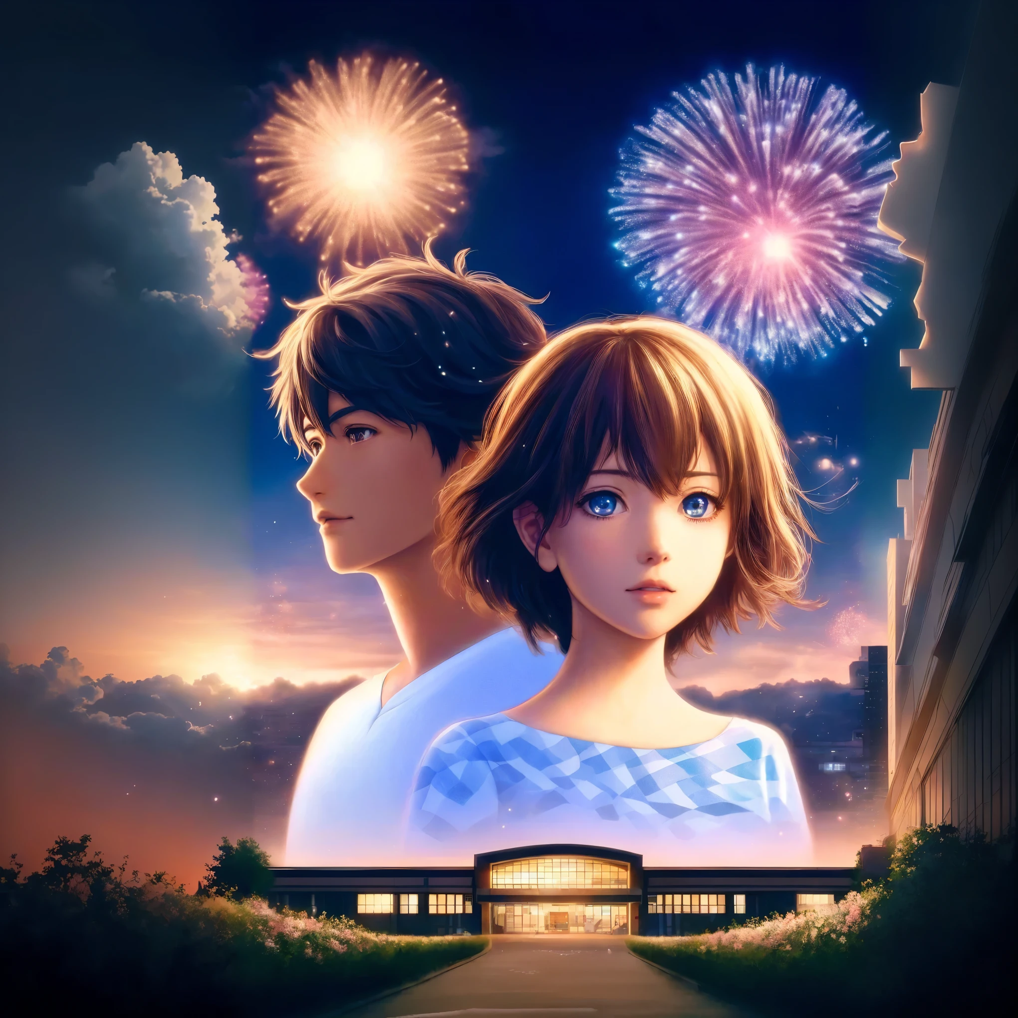 A couple of anime characters standing in front of a building, Kimi No Na Wa, Anime movies, fiona staples and makoto shinkai, Anime PostersMovie StillsPortrait, Anime moviesのスクリーンショット, Movie artwork, Movie promotional images, makoto shinkai movie, Promotional Art, movie Promotional Art, Anime moviesスチール, Anime movies, Anime movies background