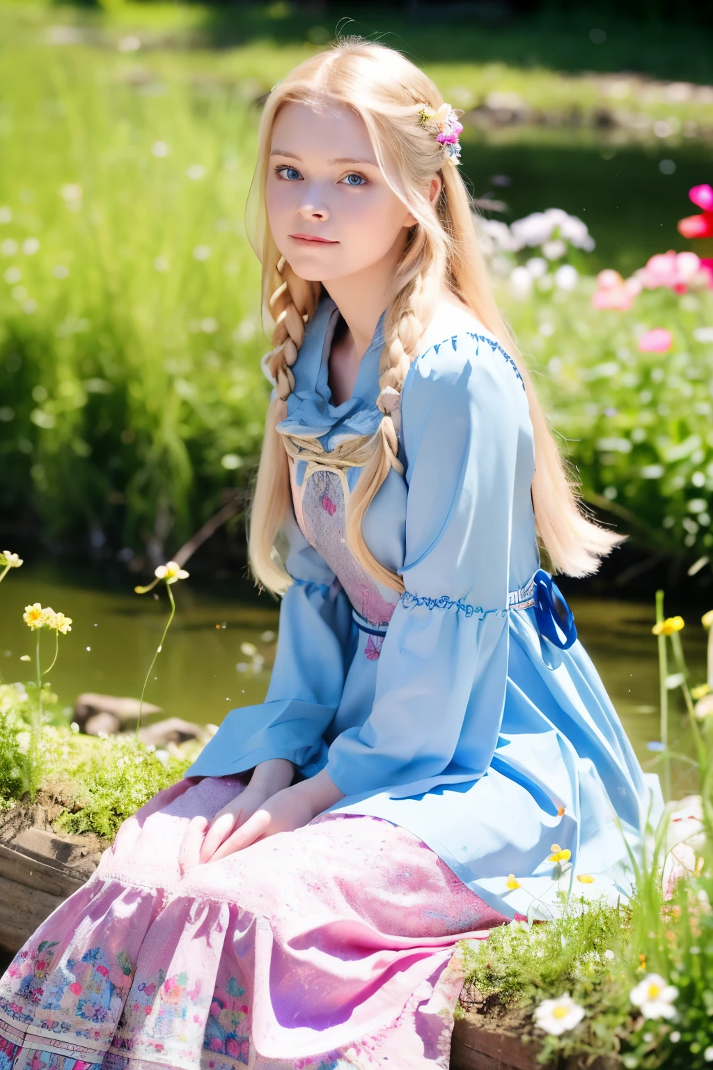 Beautiful young woman with (long blond hair and blue eyes )pink hair, is sitting (on the river bank among flowers), dressed in ( long Russian folk dress of light color) 
