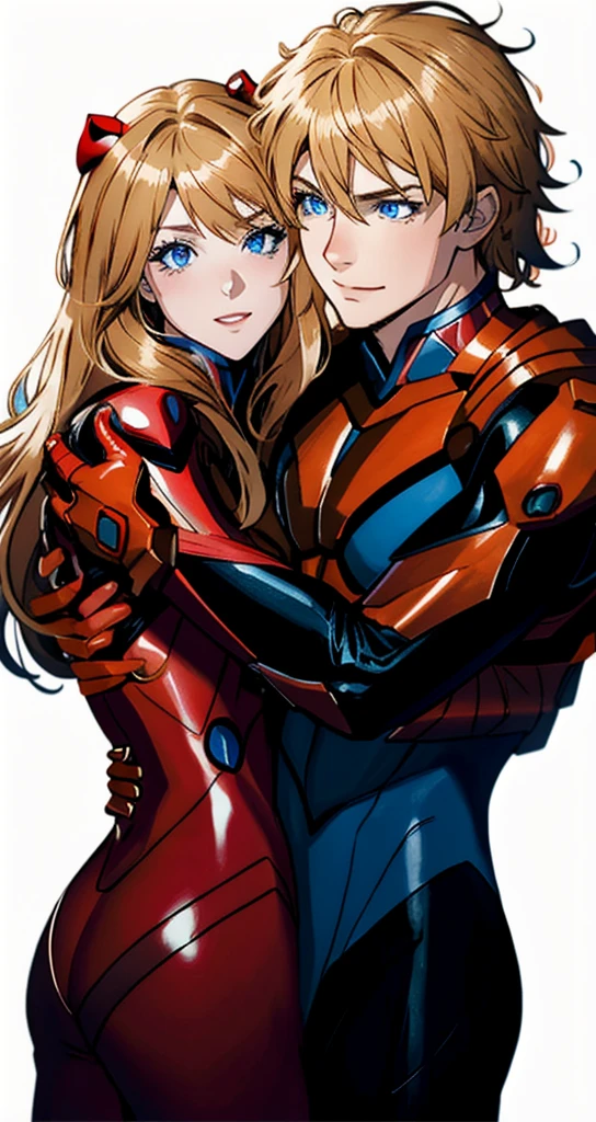 A young man with blond hair, blue eyes, muscles, a spider costume, and a girl, brown hair, blue eyes, dimples, red cheeks, a spider costume, a marital relationship, a hug from behind.