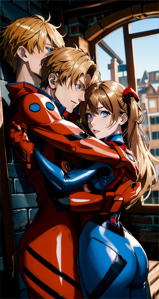 A young man with blond hair, blue eyes, muscles, a spider costume, and a girl, brown hair, blue eyes, dimples, red cheeks, a spider costume, a marital relationship, a hug from behind.