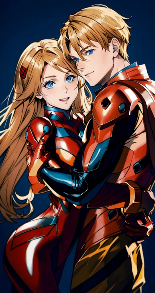 A young man with blond hair, blue eyes, muscles, a spider costume, and a girl, brown hair, blue eyes, dimples, red cheeks, a spider costume, a marital relationship, a hug from behind.