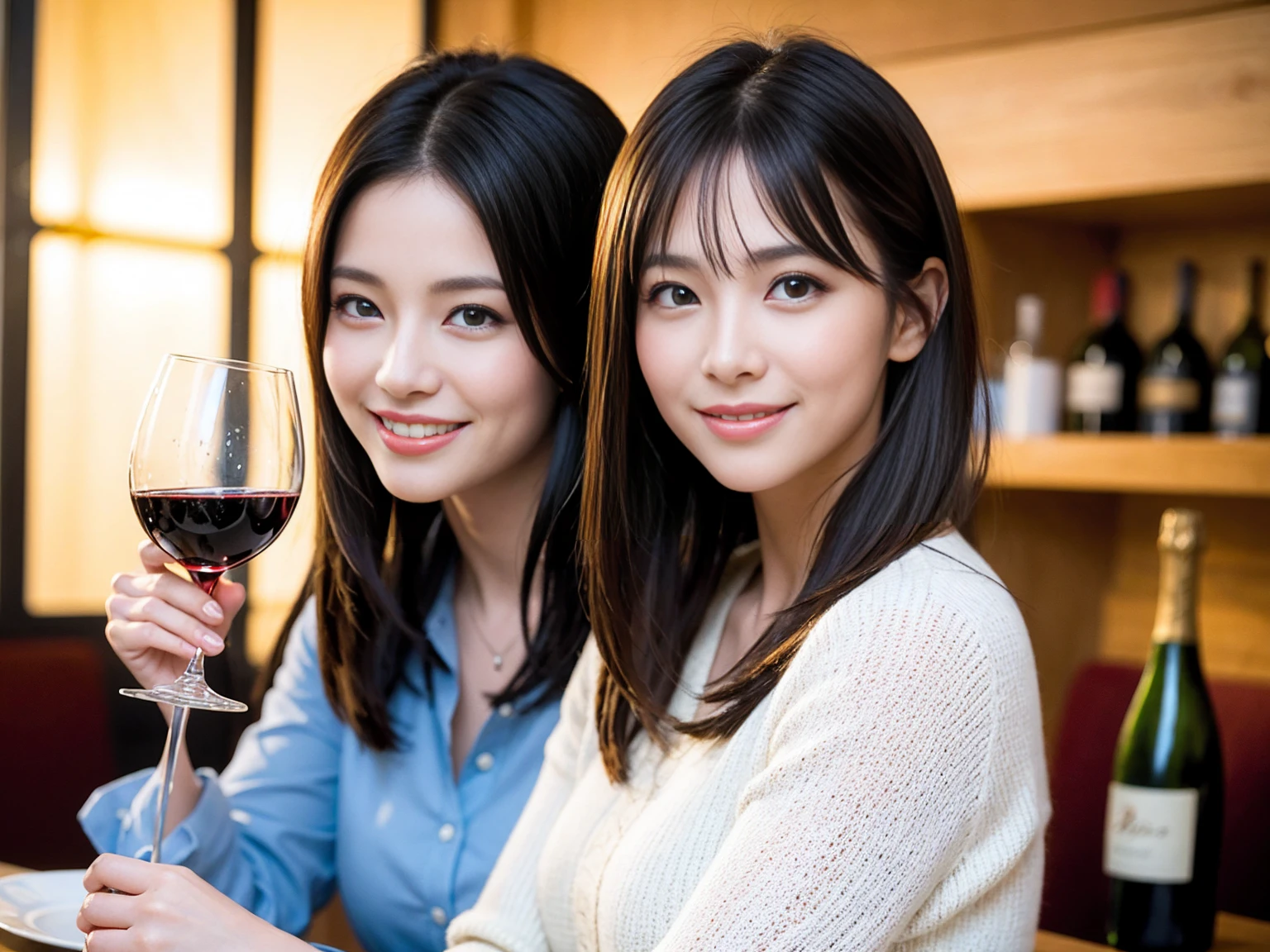 ((Highest quality、8K、masterpiece:1.3))、1 male、1 woman who resembles Satomi Ishihara、Couple、spouse、Couple、The body is slim、((Bob Hale、Straight hair:1.2)), (Realistic, Intricate details:1.2), テーブルの上のwine glass、Shine light on your face、 Amazing view of the sunset sky and clouds、Amazing mountain views、A bright smile、The wonderfulness of smile、Bright image、The beauty of wine, Beautiful Face, blue eyes, The light shines on your face, Blushing, short hair,Bright Face、 (42 years old), 39 years old, red wine 、Appetizers、Italian food、Wine bottle、Champagne、sparkling wine、Two beauties、Brown Hair、Shortcuts、Long sleeve shirt、dress、Beautiful woman 1, (slimな顔), (The body is slim), (Brown Hair), (Shortcuts), cheeks turn a little red,Attractive beauty、restaurant, In a prominent place (From the waist up) Nova Frog Style, actress, model, Upper Body, White wine, slim, wine glass, 中央に置かれたwine glass, smile, (smile: 1.15), Beautiful fine grain, Depth f/2,saturation, High Contrast, Strong light and shadow,Moist Body:1.5、3D texture、Delicate eyes、Brown Hair、The hair is very shiny、