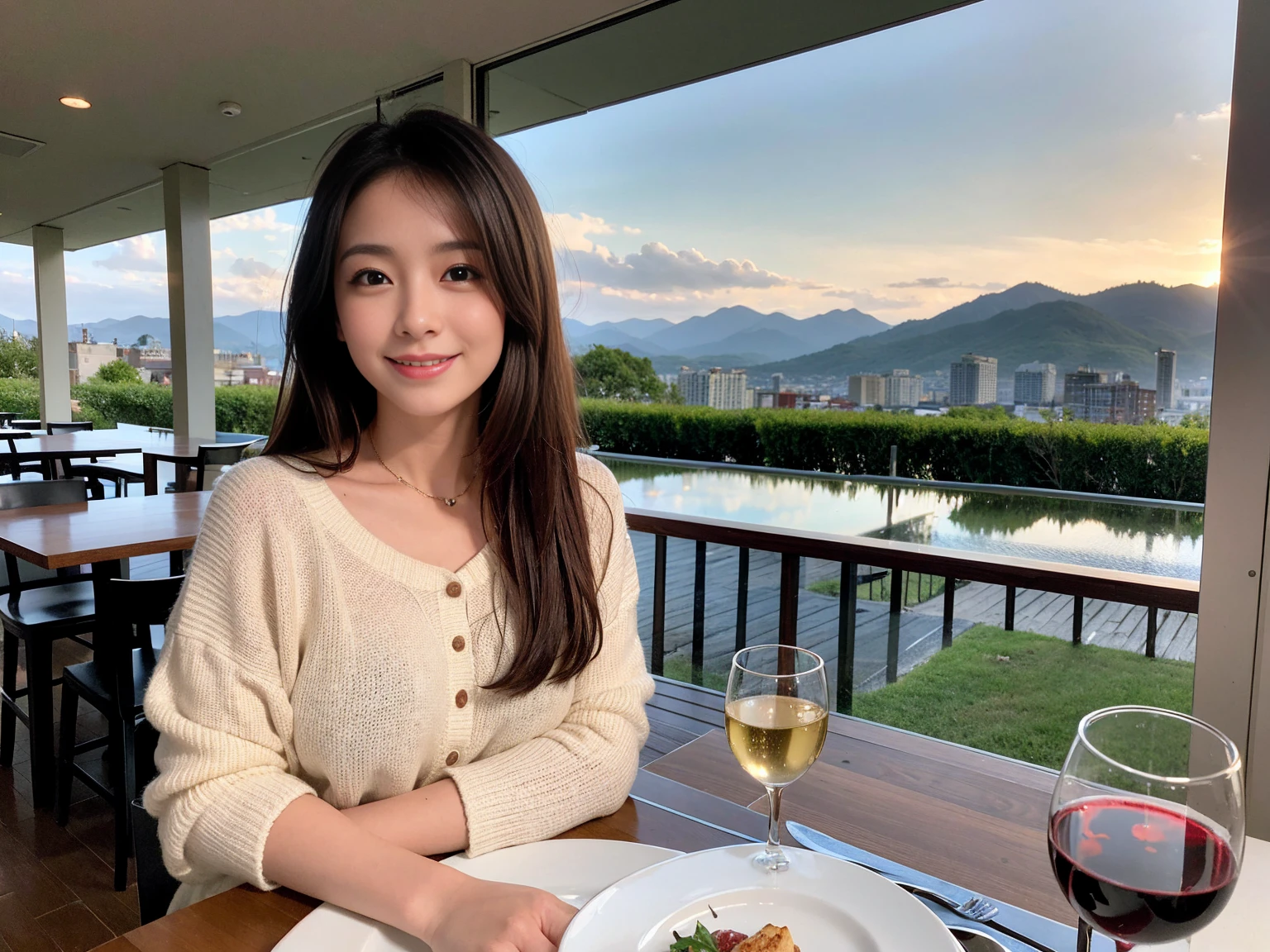 ((Highest quality、8K、masterpiece:1.3))、1 male、1 woman who resembles Satomi Ishihara、Couple、spouse、Couple、The body is slim、((Bob Hale、Straight hair:1.2)), (Realistic, Intricate details:1.2), テーブルの上のwine glass、Shine light on your face、 Amazing view of the sunset sky and clouds、Amazing mountain views、A bright smile、The wonderfulness of smile、Bright image、The beauty of wine, Beautiful Face, blue eyes, The light shines on your face, Blushing, short hair,Bright Face、 (42 years old), 39 years old, red wine 、Appetizers、Italian food、Wine bottle、Champagne、sparkling wine、Two beauties、Brown Hair、Shortcuts、Long sleeve shirt、dress、Beautiful woman 1, (slimな顔), (The body is slim), (Brown Hair), (Shortcuts), cheeks turn a little red,Attractive beauty、restaurant, In a prominent place (From the waist up) Nova Frog Style, actress, model, Upper Body, White wine, slim, wine glass, 中央に置かれたwine glass, smile, (smile: 1.15), Beautiful fine grain, Depth f/2,saturation, High Contrast, Strong light and shadow,Moist Body:1.5、3D texture、Delicate eyes、Brown Hair、The hair is very shiny、