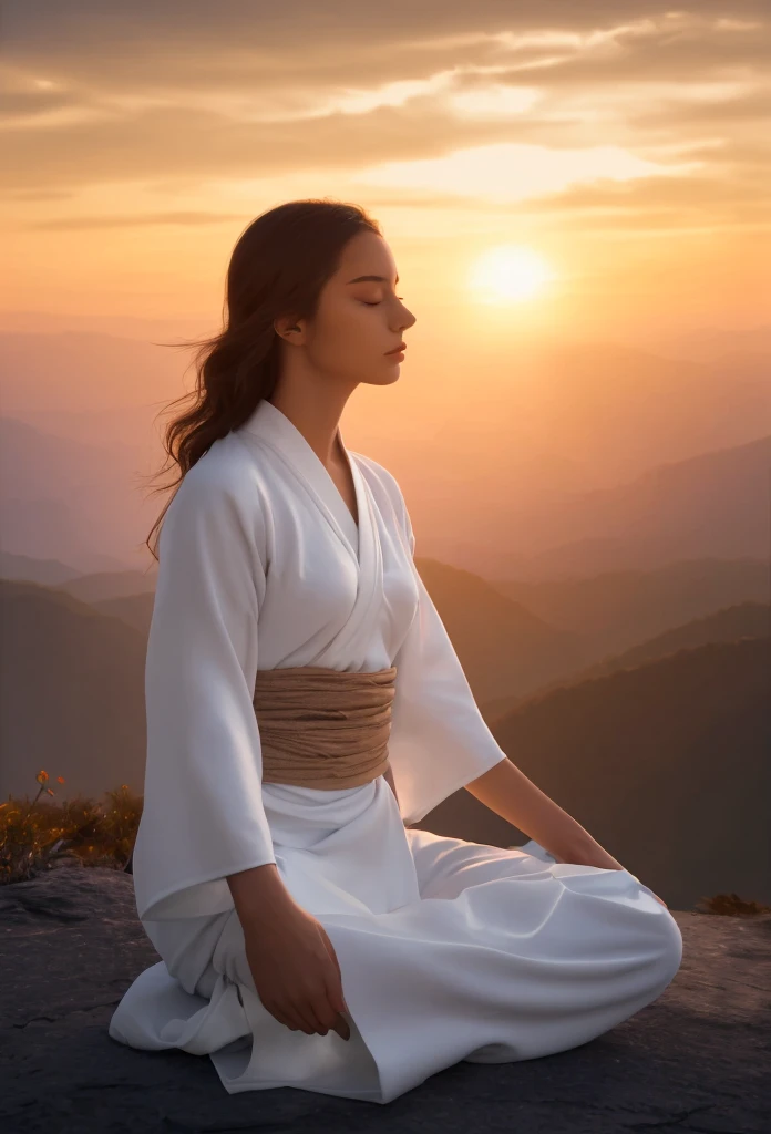 Young woman, Meditating on a mountain top, White clothes, Sunrise behind the Ninja, Surrealism