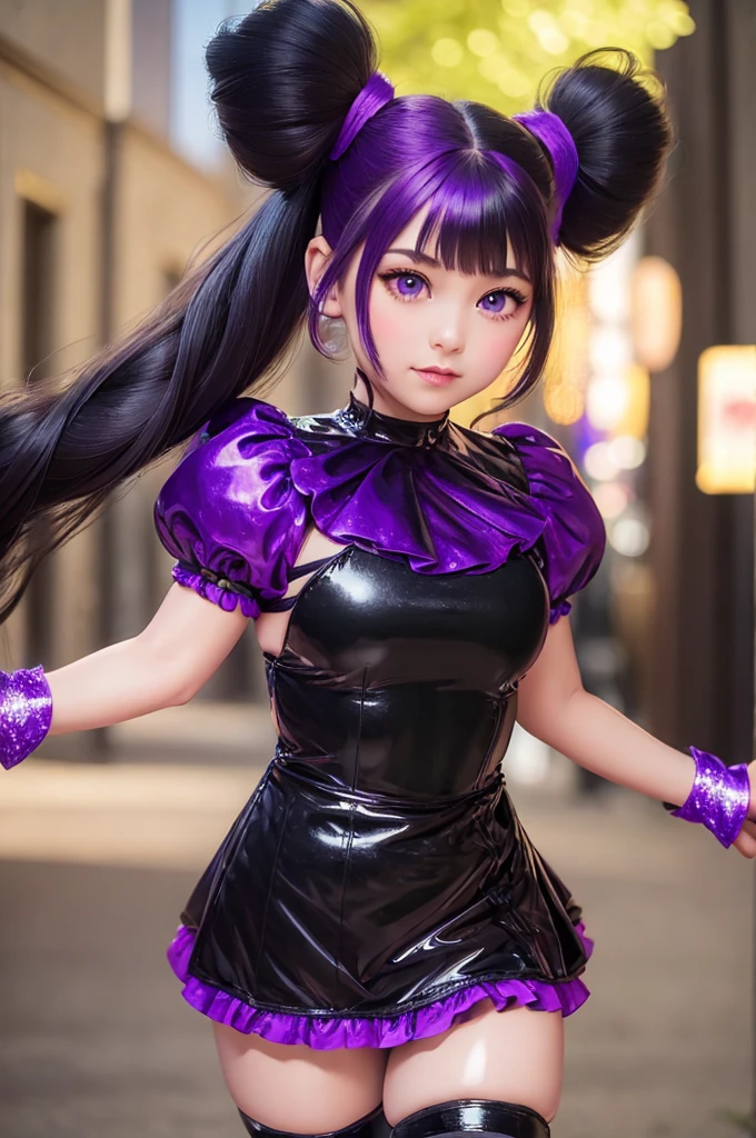 A young girl with long, dark purple hair tied into twin tails, wearing an elegant witch dress in black with purple and gold accents, adorned with lace and ribbons. She holds a magical rabbit doll that is purple with white and gold accents. Her large purple eyes are full of energy and cheerfulness. She wears high boots with long, striped socks, standing against a mystical magical world backdrop, filled with a magical aura and shimmering lights."