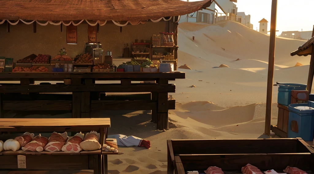 traditional market, market stall, (market tens), (they sell human flesh, chopped hand and feet, human meats), sellwooden box, wooden table, (sand ground, sand hill behind the stall), dawn time, early morning,