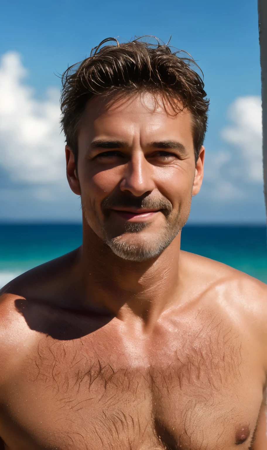 masterpiece, best quality, high resolution, closeup portrait, male focus, solo focus, A man, 60 years old, grey hair, old man, in speedo, grey silver hair, messy hairstyle, cute and seductive face, old but attractive, bare chest, body hair, hairy armpits, facial hair, pale skin, sun freckles, roman nose, very skinny body, hairy legs, cute, white chest hair, very hairy chest, dimples, scruffy beard, very hairy armpits, bold jawline , sweaty, in the background a beach on a cloudy day, view from below, amazing composition, front view, HDR, ultra quality, elegant, highly detailed