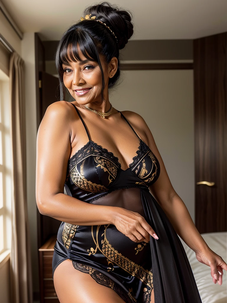 Mature old woman 80 years with black hair, plus size, old face and body with many wrinkles, loose skin, standing at bedroom posing for photo, She wearing black dress with gold pattern and large neckline and lace stockings, ponytail, side view. jaw dropping mature older beauty, old face and body with wrinkles, old face, full visible legs, smiling, attractive grandma, a gorgeous old hair, beautiful old grandma, lovely older mature grandma, gorgeous beautiful grandma over 80 years old, beautiful black hair grandma, beautiful detailed body and face, a beautiful old granny