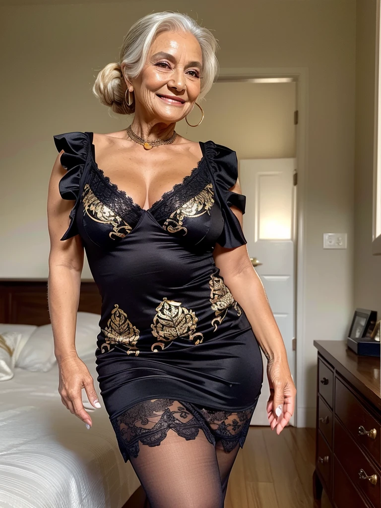 Mature old woman 80 years with black hair, plus size, old face and body with many wrinkles, loose skin, standing at bedroom posing for photo, She wearing black dress with gold pattern and large neckline and lace stockings, ponytail, side view. jaw dropping mature older beauty, old face and body with wrinkles, old face, full visible legs, smiling, attractive grandma, a gorgeous old hair, beautiful old grandma, lovely older mature grandma, gorgeous beautiful grandma over 80 years old, beautiful black hair grandma, beautiful detailed body and face, a beautiful old granny