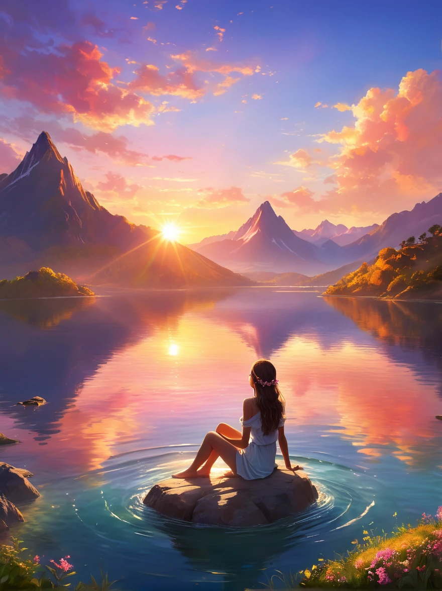 Imagine a peaceful and tranquil sunrise,On the mountain top,Surrounded by calm waters,1Girl bathing in the first rays of dawn,The sun rises over the horizon,Warm light shines on the water,Make the sky appear orange and pink,Let the water surface also shine with the same light,The girl was sitting,Looking at the sparkling water,The sun shining in the distance marks the beginning of a new day full of hope,The scene is flooded with bright, vibrant colors and the light of dawn creates dramatic shadows, enhancing the grandeur of the environment. The vantage point is similar to that offered by a wide-angle lens, providing a panoramic view of the vast wilderness, under the theme of adventure and exploration.