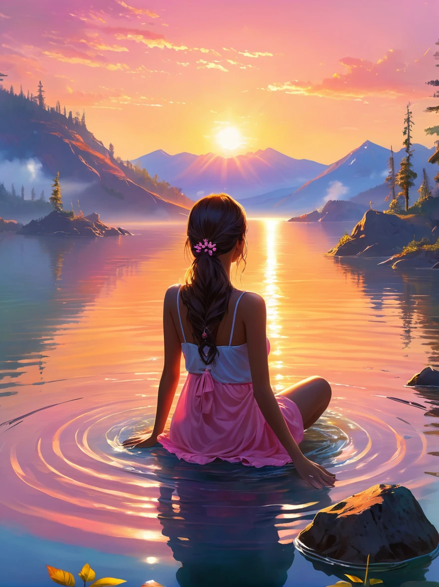 Imagine a peaceful and tranquil sunrise，On the mountain top，Surrounded by calm waters，1Girl bathing in the first rays of dawn，The sun rises over the horizon，Warm light shines on the water，Make the sky appear orange and pink，Let the water surface also shine with the same light，The girl was sitting，Looking at the sparkling water，The sun shining in the distance marks the beginning of a new day full of hope，The scene is flooded with bright, vibrant colors and the light of dawn creates dramatic shadows, enhancing the grandeur of the environment. The vantage point is similar to that offered by a wide-angle lens, providing a panoramic view of the vast wilderness, under the theme of adventure and exploration.