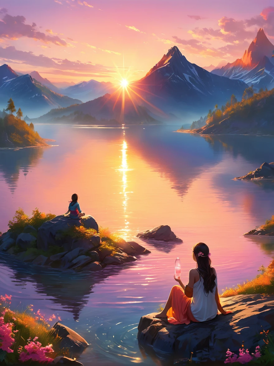 Imagine a peaceful and tranquil sunrise，On the mountain top，Surrounded by calm waters，1Girl bathing in the first rays of dawn，The sun rises over the horizon，Warm light shines on the water，Make the sky appear orange and pink，Let the water surface also shine with the same light，The girl was sitting，Looking at the sparkling water，The sun shining in the distance marks the beginning of a new day full of hope，The scene is flooded with bright, vibrant colors and the light of dawn creates dramatic shadows, enhancing the grandeur of the environment. The vantage point is similar to that offered by a wide-angle lens, providing a panoramic view of the vast wilderness, under the theme of adventure and exploration.