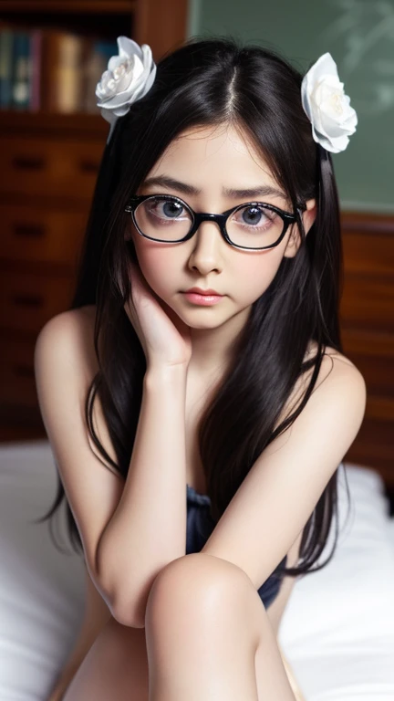 Highest quality, RAW Photos, Realistic, face, Incredibly beautiful girl, cute, length Hair,ponytail,Glasses,Written boundary depth, High resolution, 超detailed, detailed, Very detaileded, extremely detaileded eye and face, Sharp pupils, Realistic students, Sharp focus, Cinema Lighting, Japanese, Short Woman, Physical build, Short arms, length, Narrow eyes, Fleeting atmosphere, , Brown Bob Hair, ((thin唇)), White top and bottom underwear, masterpiece, Highest quality, detailedな肌, detailedなface, fine grain, 8K, Excellent anatomy, Upper body portrait,flat breasts, small breasts, small,( small bust: 1.2), small bust, (slim, small, flat, small), thin, Delicate and sexy collarbone, One Girl, (beautiful girl, Delicate girl:1.3), (10 years old