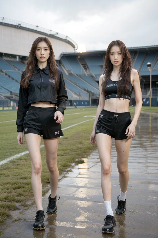 (8K, 4K, best quality, high resolution: 1.2), (Master, Practical, Photorealism: 1.4), Dark Fantasy, Night，Portrait of emb-haiz, 2 female students，Pretty Face, (Delicate face), (((Delicate eyes))) ，blonde，Perfect body，Stylish long hair，Stadium at night，Long-range shooting，They were wearing track and field uniforms.，Track and field shorts， Strong abs，Slender long legs，sports shoes，Two schoolgirls walking in the stadium，Huge stadium in the background，Dramatic Lighting, (Wet ground:1.2).Practical, Very detailed, HD, Gothic style,Back to the audience