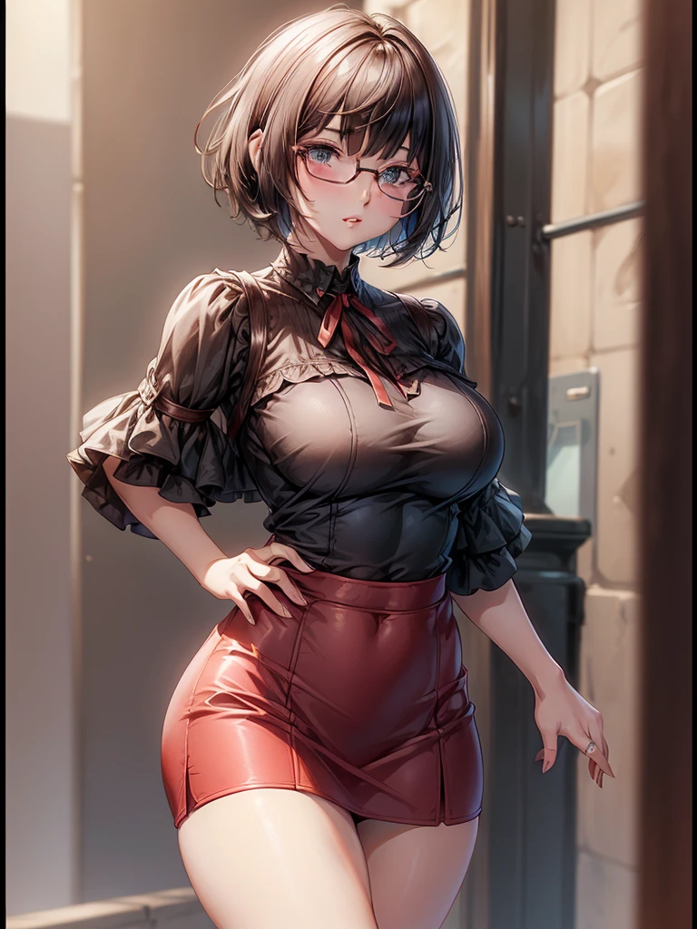(Young Face),(Perfect eyes), (Perfect hands), (Perfect fingers), (neck-length short hair: 1.5), (Concise tight skirt: 1.3),Nope. Estillo Petra Collins, Simsbo, thick glasses, with square glasses, thick and red lips,