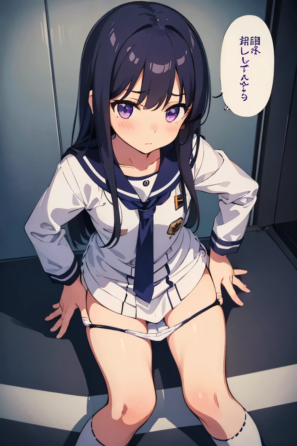 , 8 years old, flat chest,ir, long hair, purple eyes, embarrassed expression（One person） White sailor suit on the upper half, navy blue miniskirt on the lower half　White panties（（I can see her panties））White socks　Taking off panties　 Dynamic Angle　Low - Angle