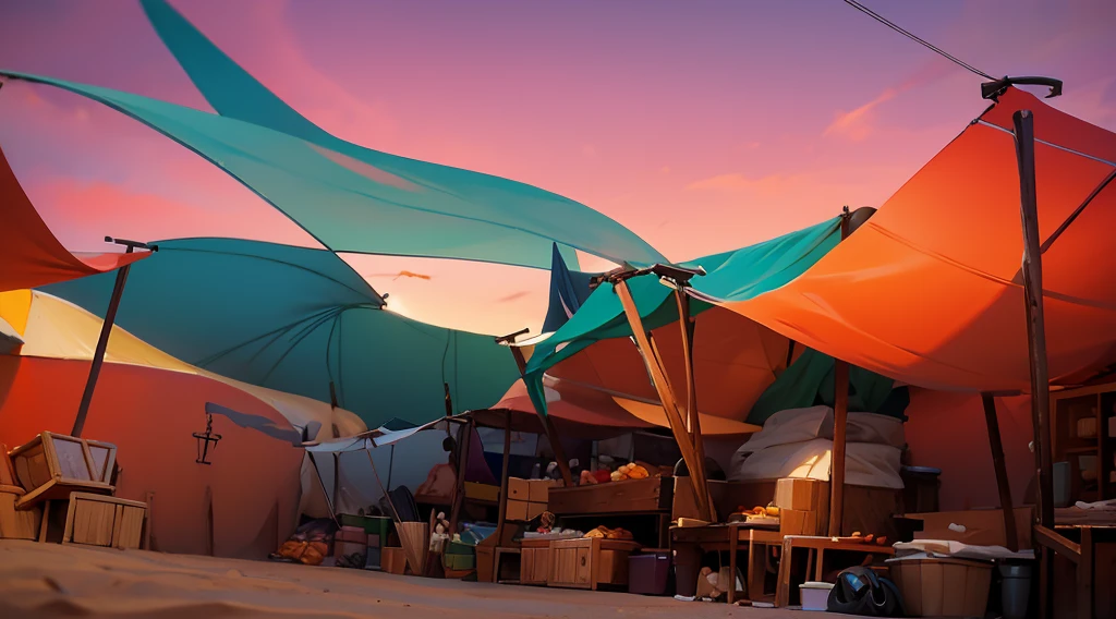 traditional market, (market tents), canopies, butchery, wooden boxes, wooden basket, strings, sand ground, dawn sky, dark morning, low angle, 