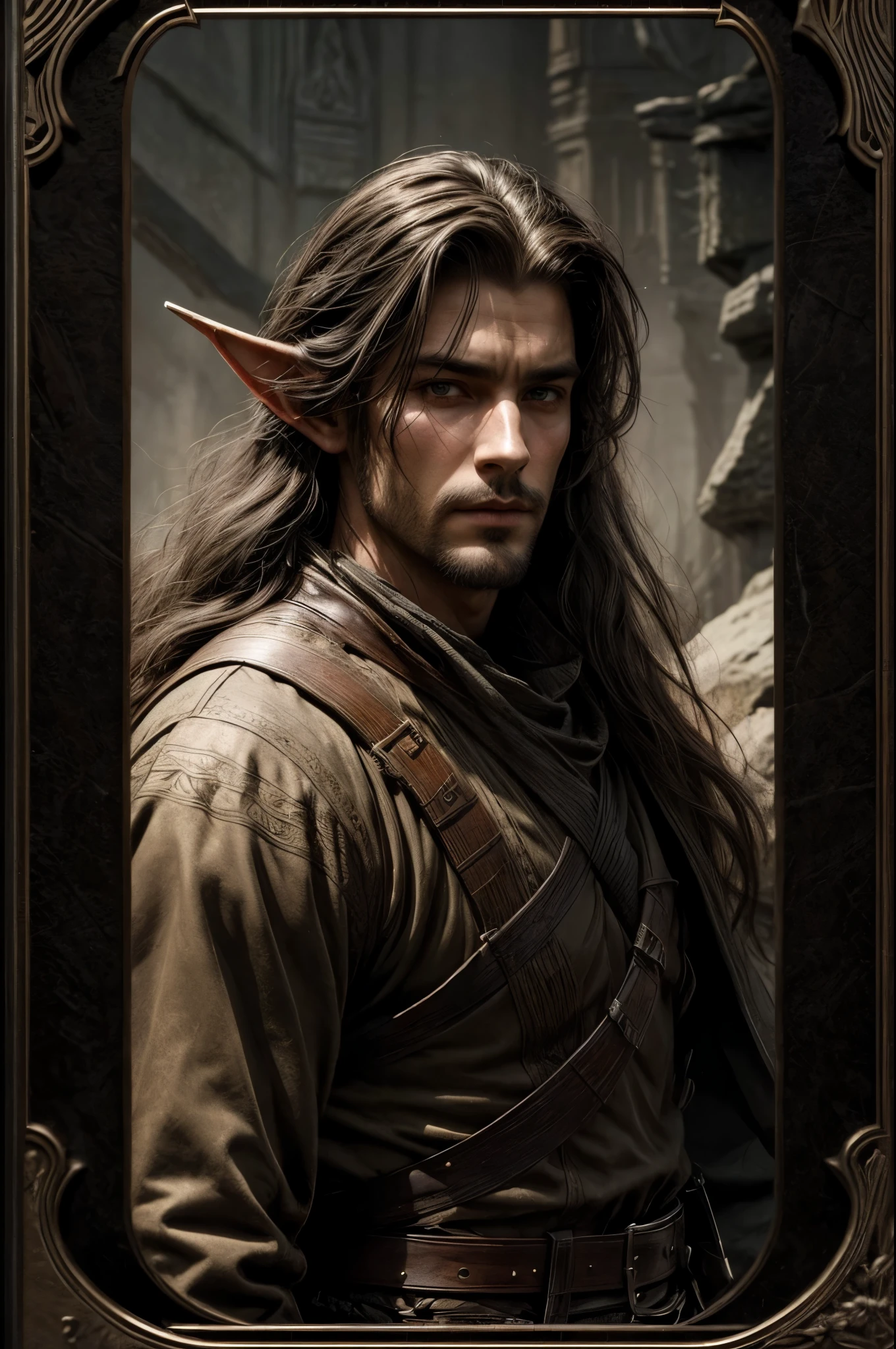 a ranger in the style of john bauer, high elf male, detailed portrait, tall and strong, weathered and rugged, dark hair and grey eyes, ranger's garb, emblems of kingship