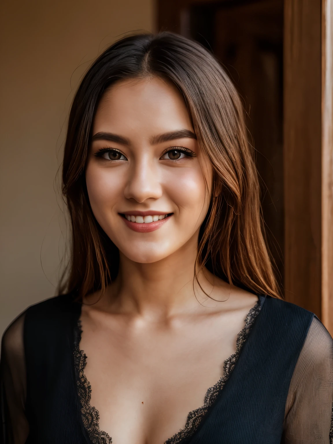 Raw photo, face portrait photo of a beautiful 26-year-old.oh woman, cute face, in a black dress, happy face, hard shadows, cinematic frame, dramatic lighting