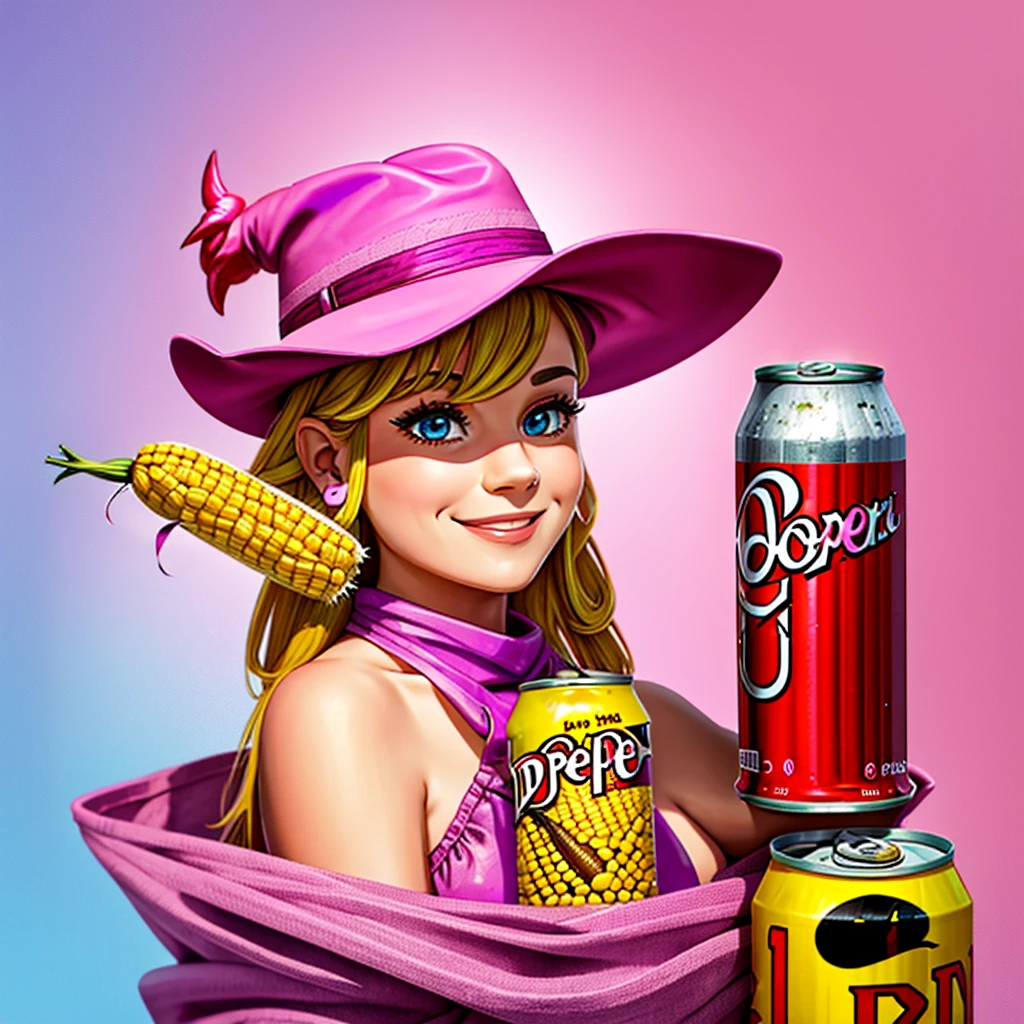 An ear of corn with a face, wearing a pink cowboy hat and holding a can of Dr Pepper 