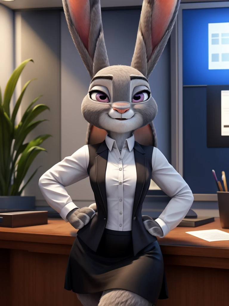 best quality,
masterpiece,
High quality
ultra-detailed
beautiful detailed,
hyper Realistic,
8k , 16k,
3D,
Portrait,
Looking at the audience,
detailed background,
background is an office,

(Face is JudyHopps:1.4),

office lady is wearing suit,
((White blouse)),
((Black blazer jacket)),
((Black skirt)),
clothes made of cotton,

(solo:1.5),
(1 lady:1.5),
one character only
alone,
Perfect Anatomy