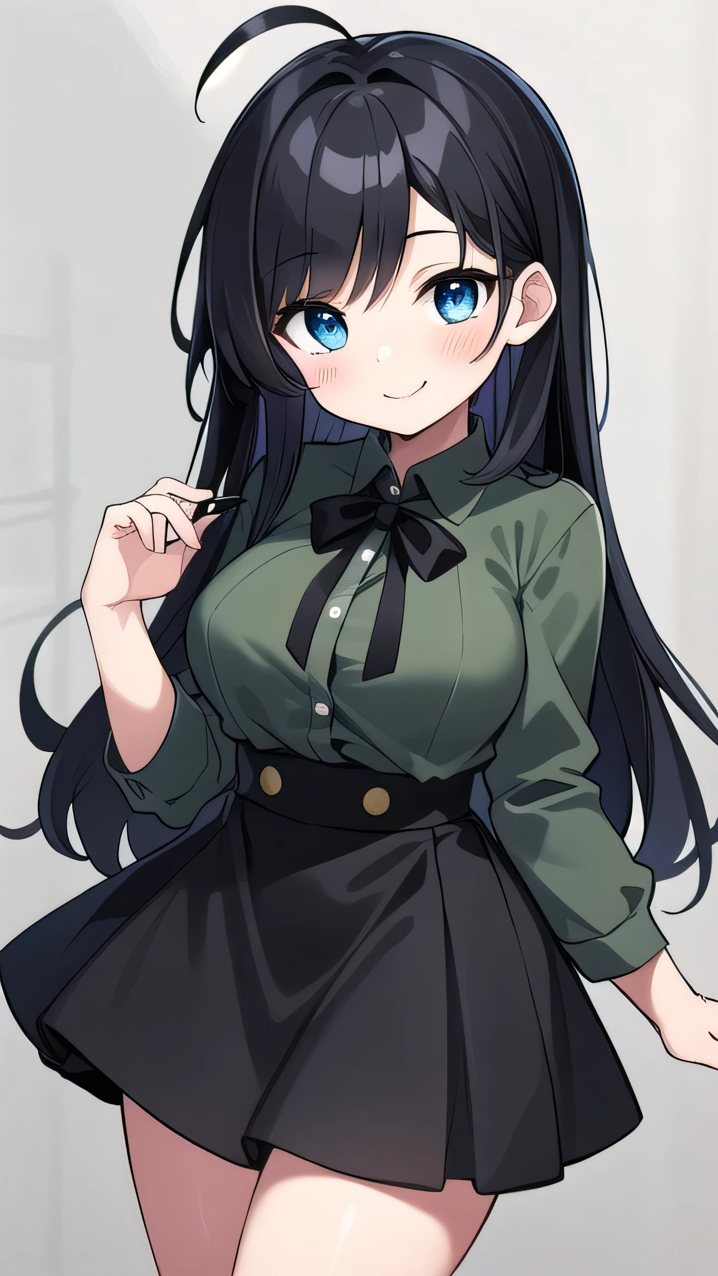 Junior high school student who looks like an elementary school student, 14 years old, very short, 140cm tall, black hair with a slight green tinge, short ahoge, beautiful long hair but with a little hair sticking out, beautiful round eyes, blue eyes, smile, boyish, long sleeves , thick clothes, skirt, big breasts, hair longer than waist, long hair, young face, dark greenish black hair, gentle smile, a little shy, skirt is black, hair is black but has a slight green tinge, boyish and gentle smile I have.