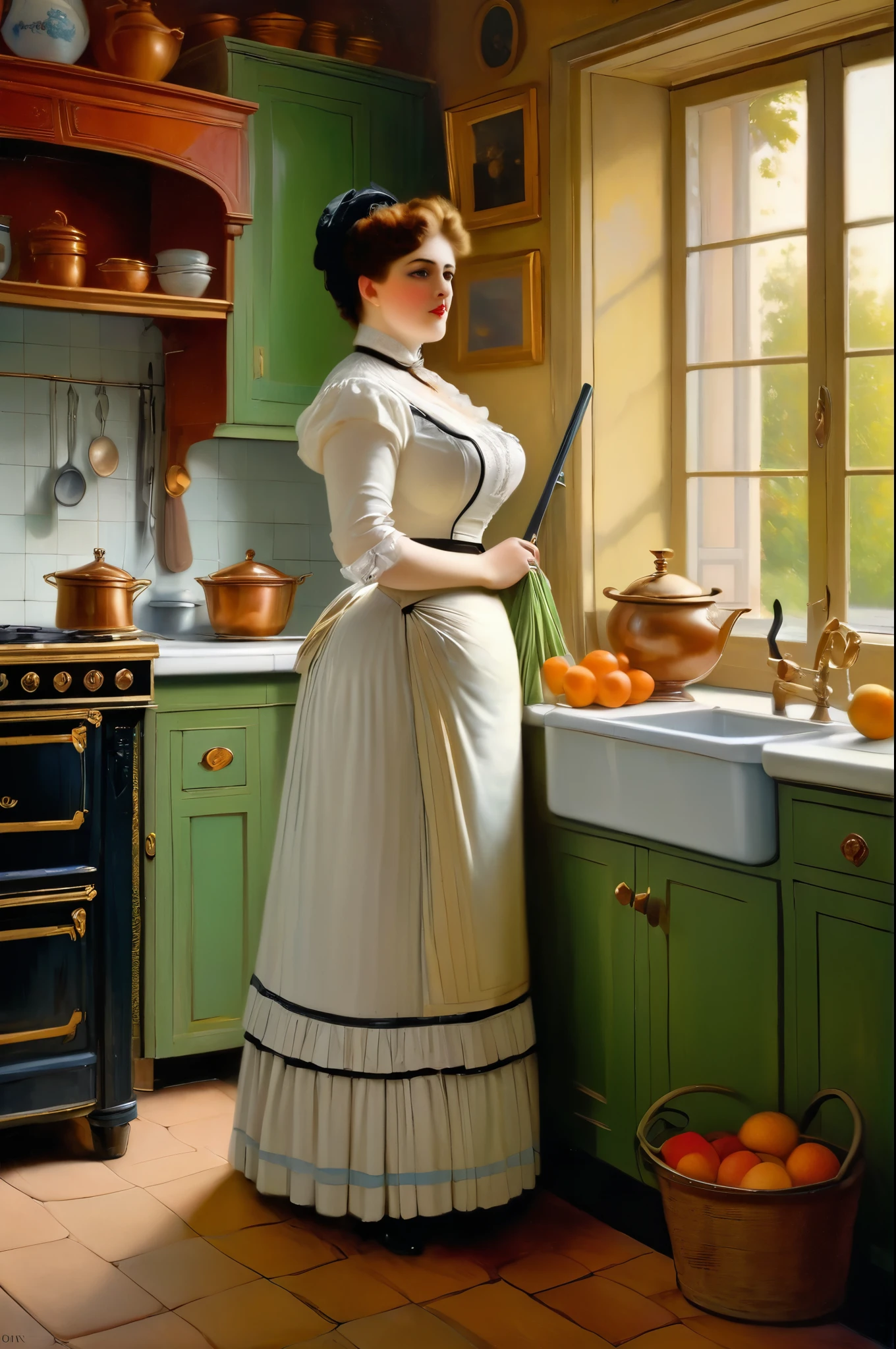Full body shot of a curvaceous, voluptuous, buxom Victorian widow standing in her kitchen, by Jean Béraud, inspired by Jean Béraud, inspired by Édouard Detaille, edouard leon cortes, inspired by Ivan Kramskoi, inspired by Jean-Louis-Ernest Meissonier, by Édouard Detaille, inspired by Paul Émile Chabas