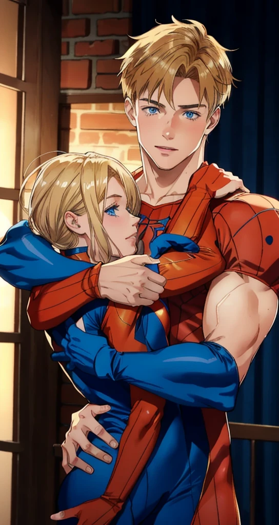 A young man with blond hair, blue eyes, muscles, a spider costume, and a girl, brown hair, blue eyes, dimples, red cheeks, a spider costume, a marital relationship, a hug from behind.