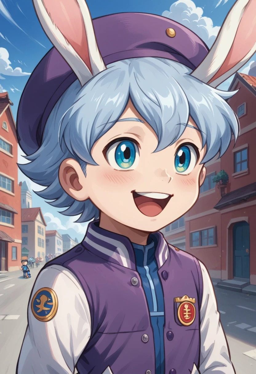 Score_9, score_8_up, score_7_up, rating_safe, Cute young naked boy, luca,blue hair, blue eyes, rabbit ears,rabbit boy,, cute face, very smail, laughing, grinning evily，Boy student，short detailed hair，Shota，solo person，Wear a red and blue beret，（Feathers on the beveled edge of the hat），Red and blue open postman uniform，punky style，Black stroke，solo person，Fluttering feathers，The city of the future，nigth，Contre-Jour,