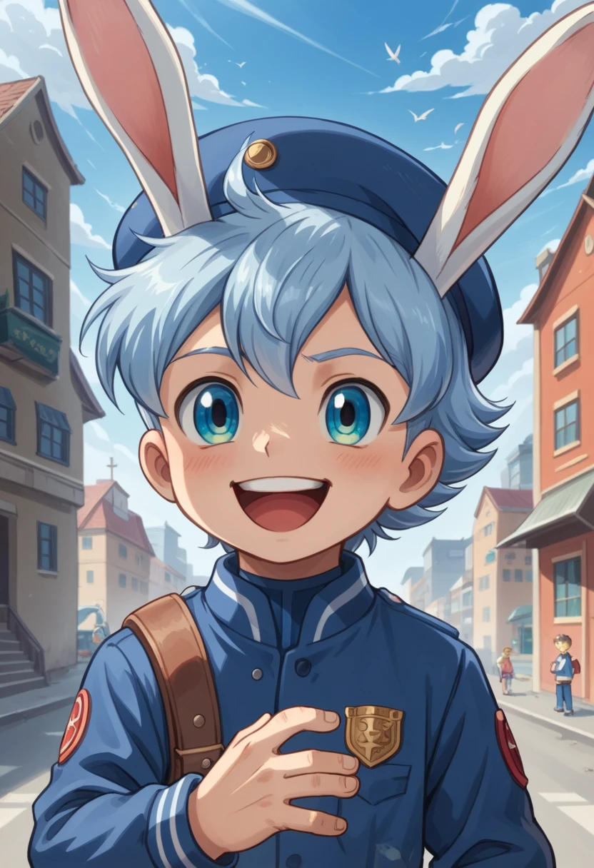 Score_9, score_8_up, score_7_up, rating_safe, Cute young naked boy, luca,blue hair, blue eyes, rabbit ears,rabbit boy,, cute face, very smail, laughing, grinning evily，Boy student，short detailed hair，Shota，solo person，Wear a red and blue beret，（Feathers on the beveled edge of the hat），Red and blue open postman uniform，punky style，Black stroke，solo person，Fluttering feathers，The city of the future，nigth，Contre-Jour,