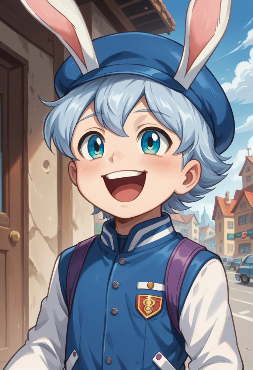 Score_9, score_8_up, score_7_up, rating_safe, Cute young naked boy, luca,blue hair, blue eyes, rabbit ears,rabbit boy,, cute face, very smail, laughing, grinning evily，Boy student，short detailed hair，Shota，solo person，Wear a red and blue beret，（Feathers on the beveled edge of the hat），Red and blue open postman uniform，punky style，Black stroke，solo person，Fluttering feathers，The city of the future，nigth，Contre-Jour,