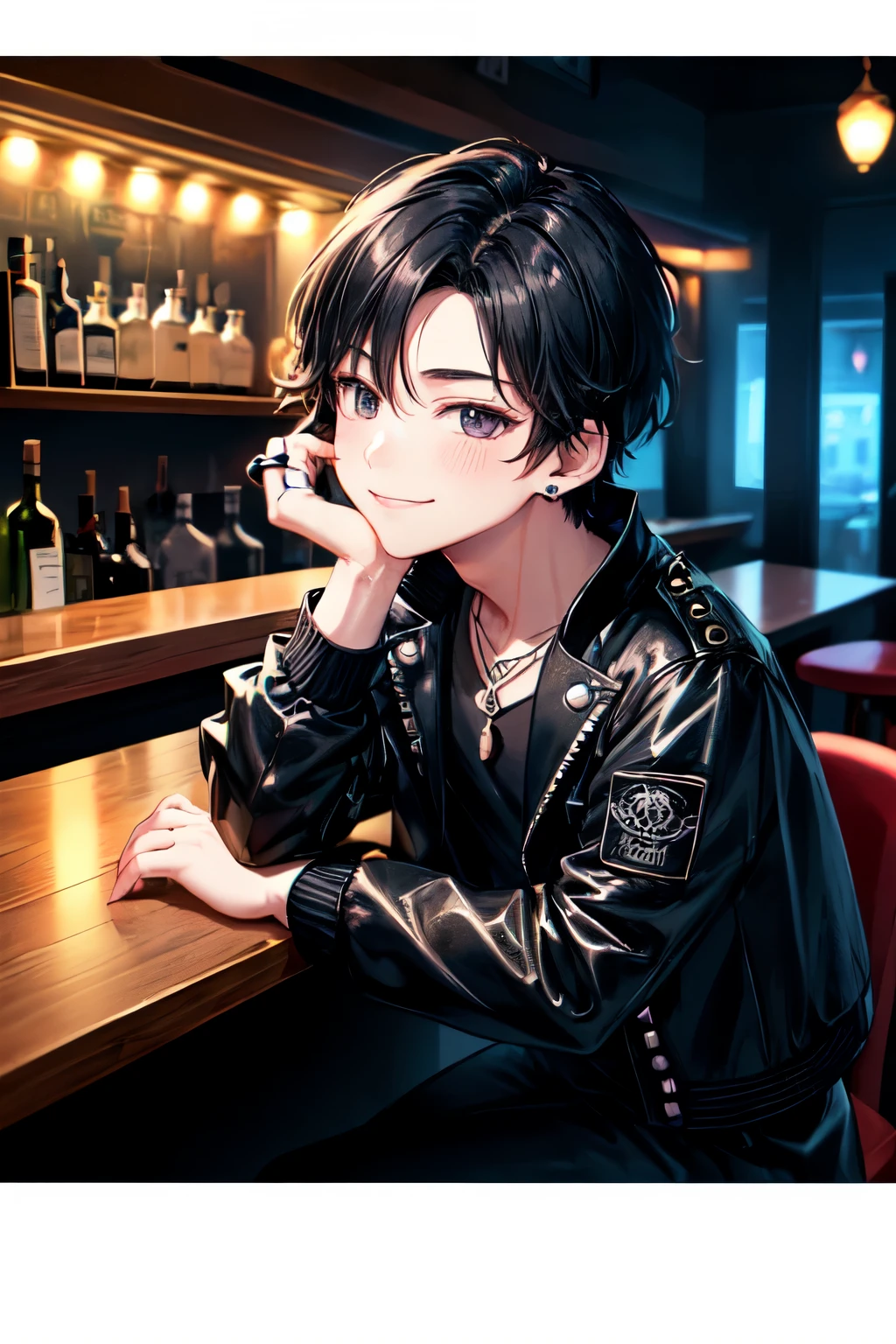 ((best quality)), ((masterpiece)), (detailed),((Delicate face)),(well drawn illustration),(night),(The perspective is correct),(独奏),(1 Boy),(((boy))),(Male high school student),((male)),teenager, Black short hair,Black eyes,Japanese boys short hair,((black oversized cropped jacket)),rivet,Black long Martin boots,(black pants),black shocker,jirai kei,necklace,ring,Black stud earrings,Smile,Side-parted bangs,Bar,drunken,sideways,(bar),(nignt club),Neon,(sitting on a bar stool),(leaning by a bar counter),Short coat with puffy sleeves,Puffy sleeves,Tightened neckline,((very dim light)),Soft movements,cinematic lighting,deep purple theme,((dark)),(softlightontheface),(Soft expression),light blush,shy smile