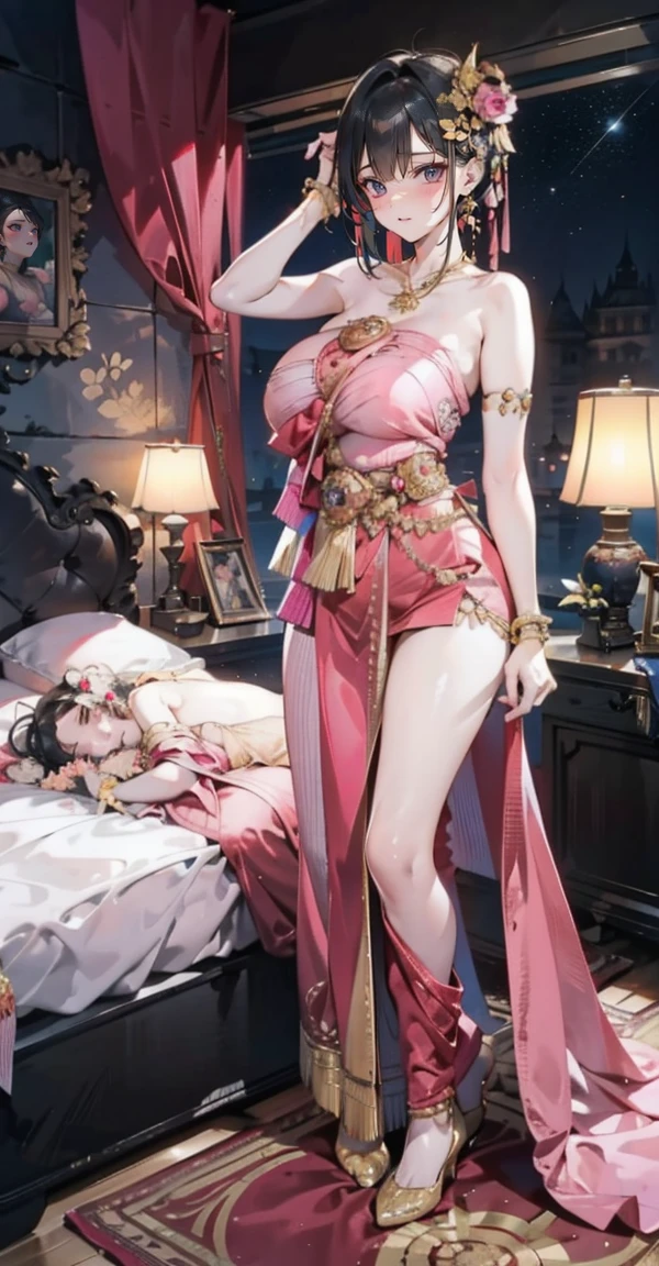 Group of 5 princesses,(5 young women,many young women), (in the bedroom), Various hair styles, harem, Wearing a strapless Thai dress..,(no bra,no panties) at night, detailed face,Complete breasts,Complete Hand, ((big breasts,Breast curtain,partially naked)) short skirt, mule, Sleeveless , Show your armpits, at night, starry at night,(large areolae:1.4,pink,The nipples are clearly visible....),((Various poses),(look at viewer:1.5),milf, Highest quality、Highest picture quality、Masterpiece