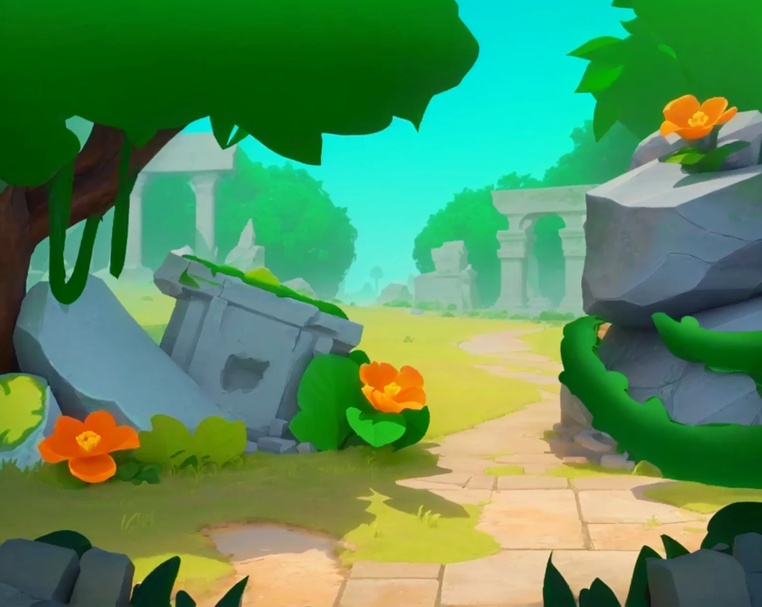 Game Architecture Design, Cartoon, Stone Statues, Ruins, Vines, Jungle, Grass, Flowers, Trees, Leisure Game Style, 3D, Mixer, Masterpiece, Super Details, Best